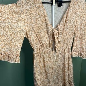 Simplee Apparel Cream and Tan Jumpsuit with Puff Sleeves